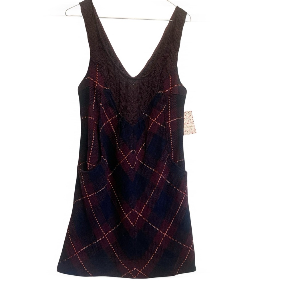 Free People Wool Blend Argyle Sweater Tank Dress Cable Knit Pockets